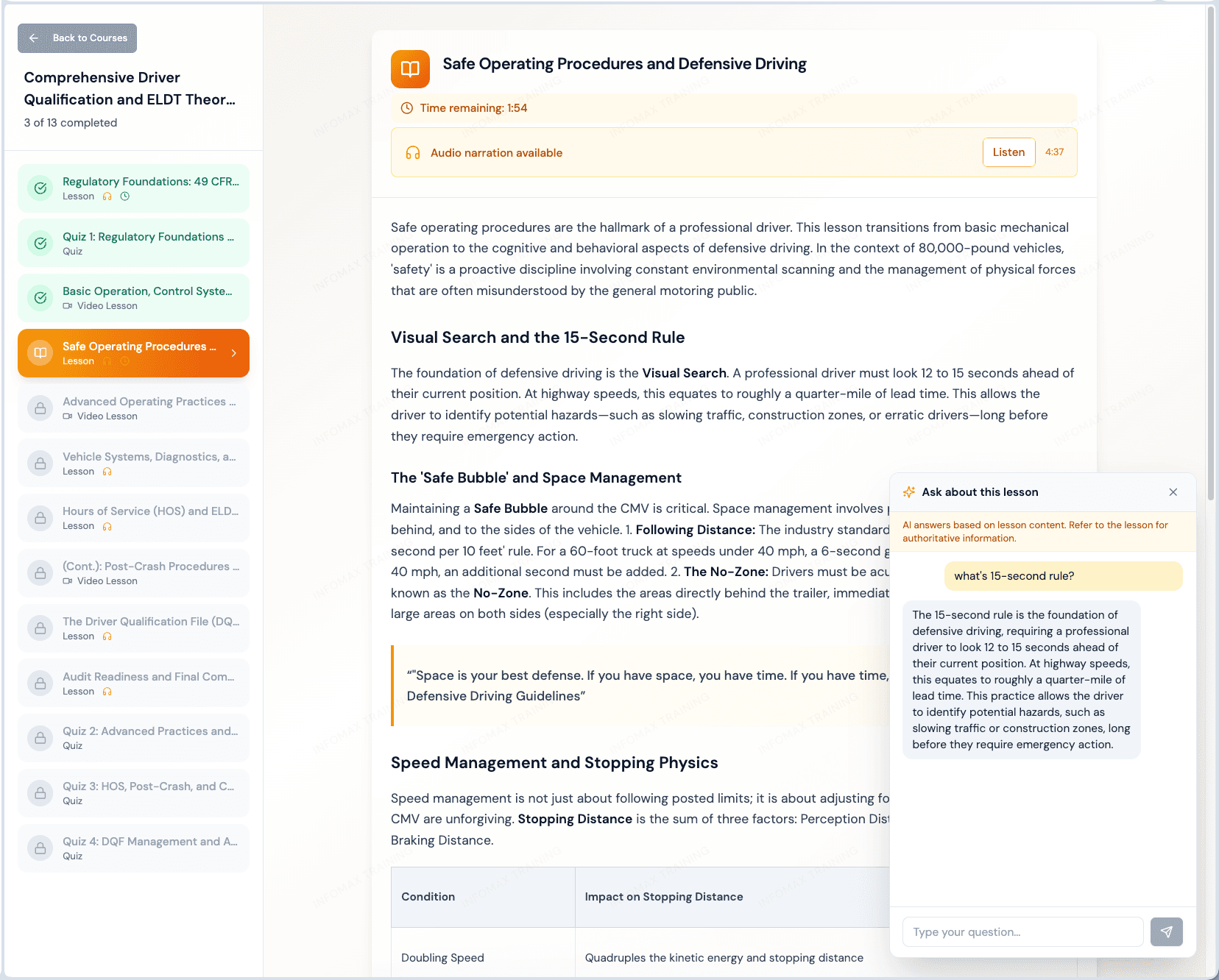 AI lesson Q&A panel showing a trainee asking a question and receiving an answer