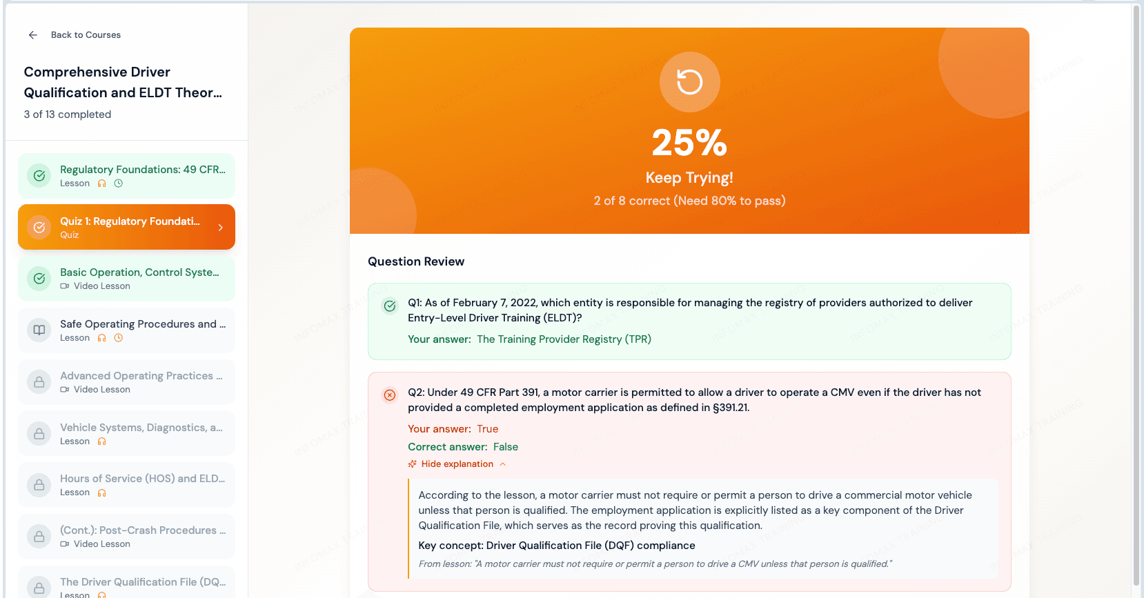 AI quiz explanation showing detailed feedback on a wrong answer